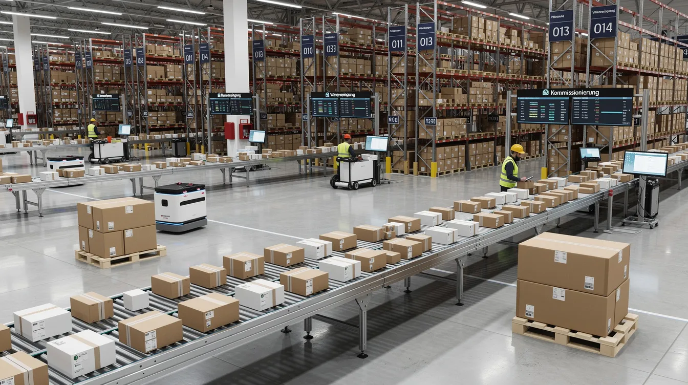 Das Bild zeigt ein modernes Logistikzentrum mit automatisierten Förderbändern, auf denen zahlreiche Pakete in einer großen Lagerhalle transportiert werden. Diese effiziente Abwicklung unterstützt Unternehmen im E-Commerce und im B2B-Bereich, wie die re invent retail gmbh, bei der Optimierung ihrer Logistikprozesse.