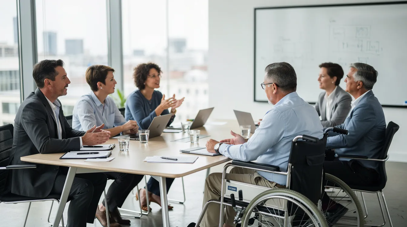 In einem Besprechungsraum sitzt eine Gruppe von Personen, darunter eine Person im Rollstuhl. Diese Situation könnte im Zusammenhang mit Themen wie Erwerbsminderungsrente und den Herausforderungen am Arbeitsplatz stehen, die Arbeitnehmer mit Behinderungen betreffen.