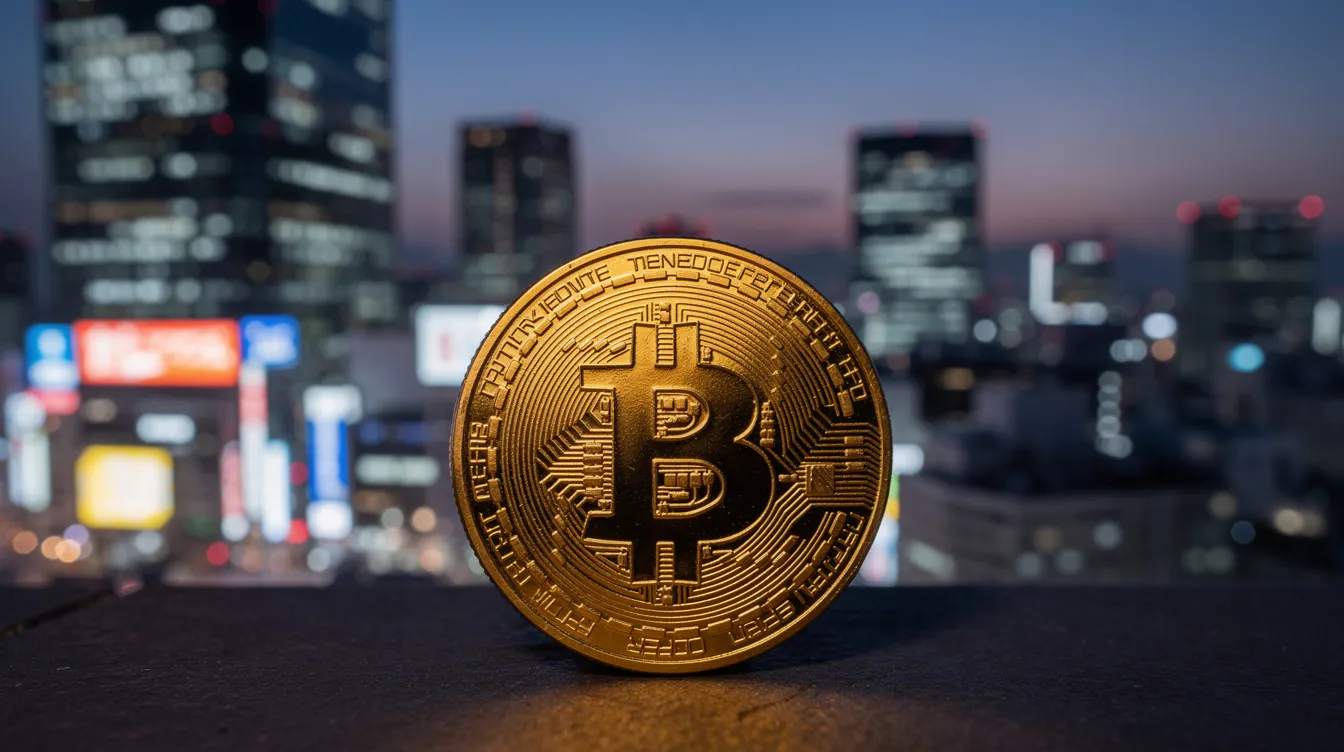 Eine goldene Bitcoin-Münze liegt im Vordergrund, während im Hintergrund die abendliche Skyline von Tokio mit beleuchteten Hochhäusern zu sehen ist. Diese Darstellung symbolisiert den Wert und die Bedeutung von Bitcoin in der modernen Finanzwelt, während die Stadt für Innovation und Technologie steht.