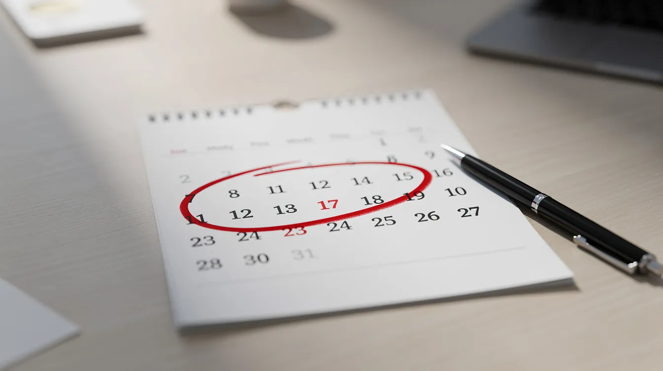 Auf einem Schreibtisch liegt ein Kalender, in dem ein bestimmtes Datum eingekreist ist, neben dem ein Stift liegt. Diese Szene könnte für Menschen relevant sein, die sich mit der Steuererklärung für ihren Minijob oder Nebenjob beschäftigen.