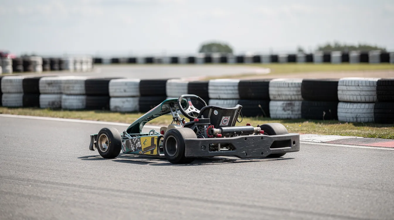 Ein kleiner Go-Kart fährt auf einer Kartbahn, umgeben von hohen Reifenstapeln, die am Rand der Strecke platziert sind. Diese Szene spiegelt die Begeisterung für den Kartsport wider, der oft der erste Schritt für zukünftige Rennfahrer wie Sebastian Vettel auf dem Weg zur Formel 1 ist.