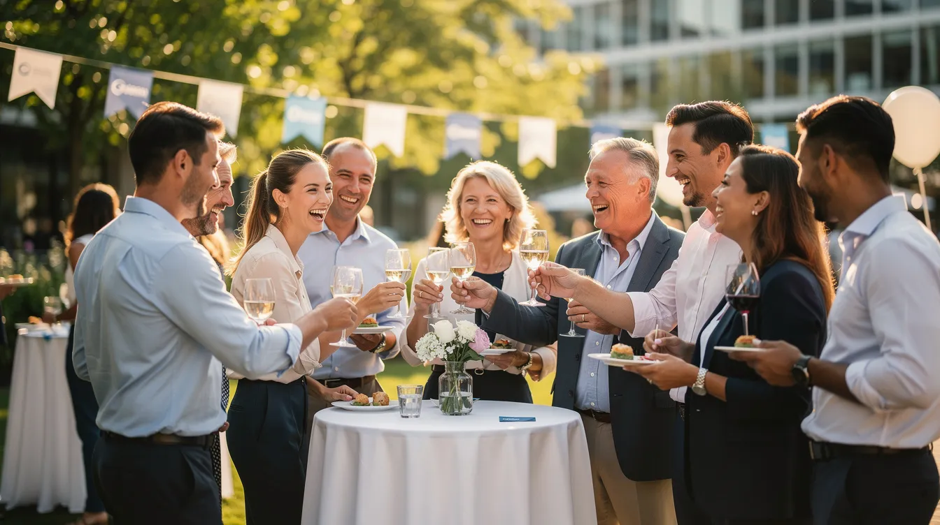 Eine Gruppe von Kolleg:innen feiert gemeinsam bei einem Firmen-Event im Freien, umgeben von festlicher Dekoration und fröhlicher Stimmung. Die Mitarbeiter von re invent retail gmbh genießen das Erlebnis und stärken den Teamgeist in einer entspannten Atmosphäre.