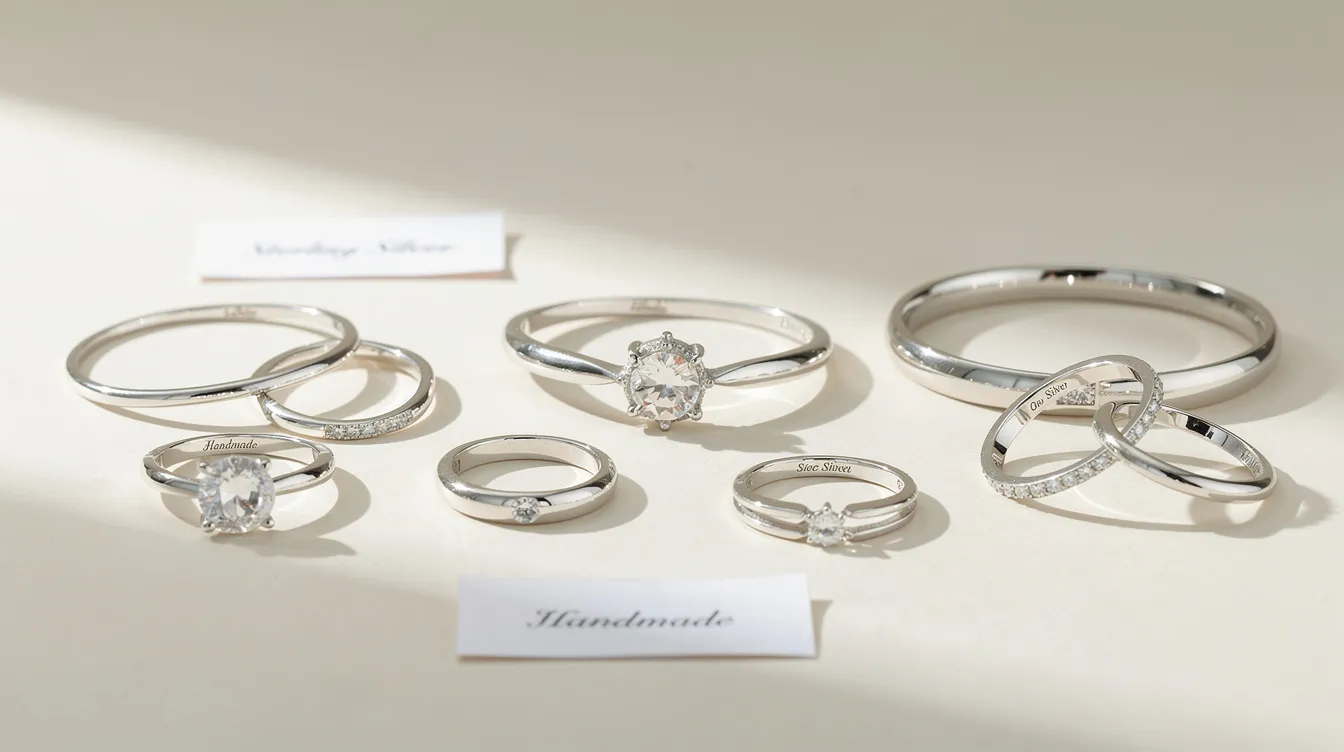 Auf dem Bild sind verschiedene Silberschmuckstücke wie Ringe und Armbänder auf einem hellen Untergrund zu sehen. Diese edlen Produkte aus Silber zeigen eine Vielfalt an Designs und reflektieren das Licht, was ihren Wert und die Feinheit der Silberlegierungen unterstreicht.