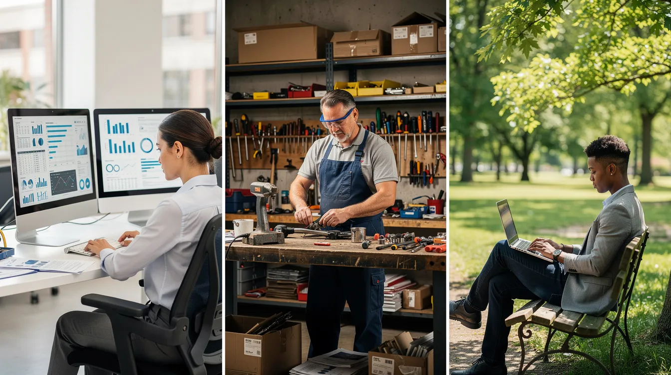 Eine diverse Gruppe von Menschen arbeitet in verschiedenen Umgebungen: eine Person sitzt an einem Schreibtisch, eine andere ist in einer Werkstatt beschäftigt, während jemand draußen an einem Laptop arbeitet. Diese Szenen zeigen unterschiedliche Tätigkeiten im Zusammenhang mit Kleinunternehmern und deren Steuerpflichten, wie beispielsweise die Einnahmen-Überschuss-Rechnung und die Kleinunternehmerregelung.