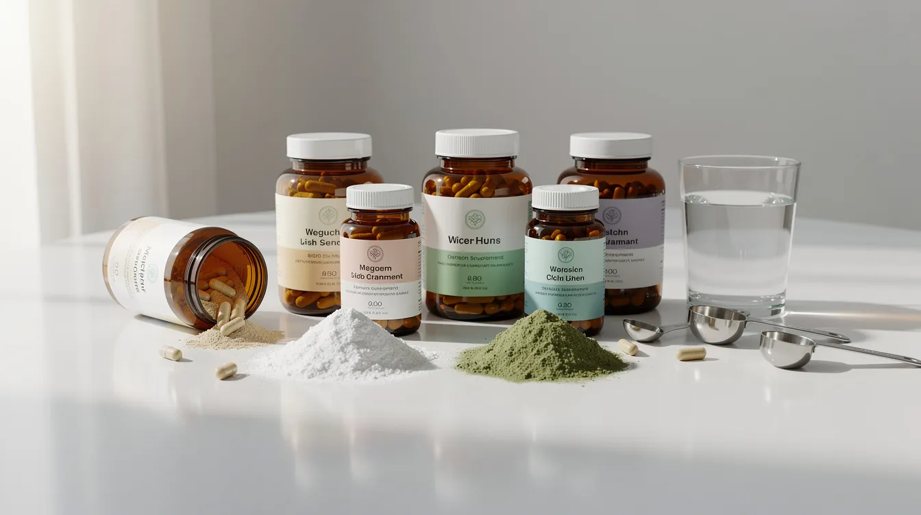 Auf einem hellen, modernen Tisch sind verschiedene hochwertige Nahrungsergänzungsmittel-Kapseln und -Pulver von vitamoment sorgfältig arrangiert. Diese Produkte bieten essentielle Nährstoffe für Gesundheit und Wohlbefinden und sind ein wichtiger Bestandteil der Basisversorgung im Alltag.