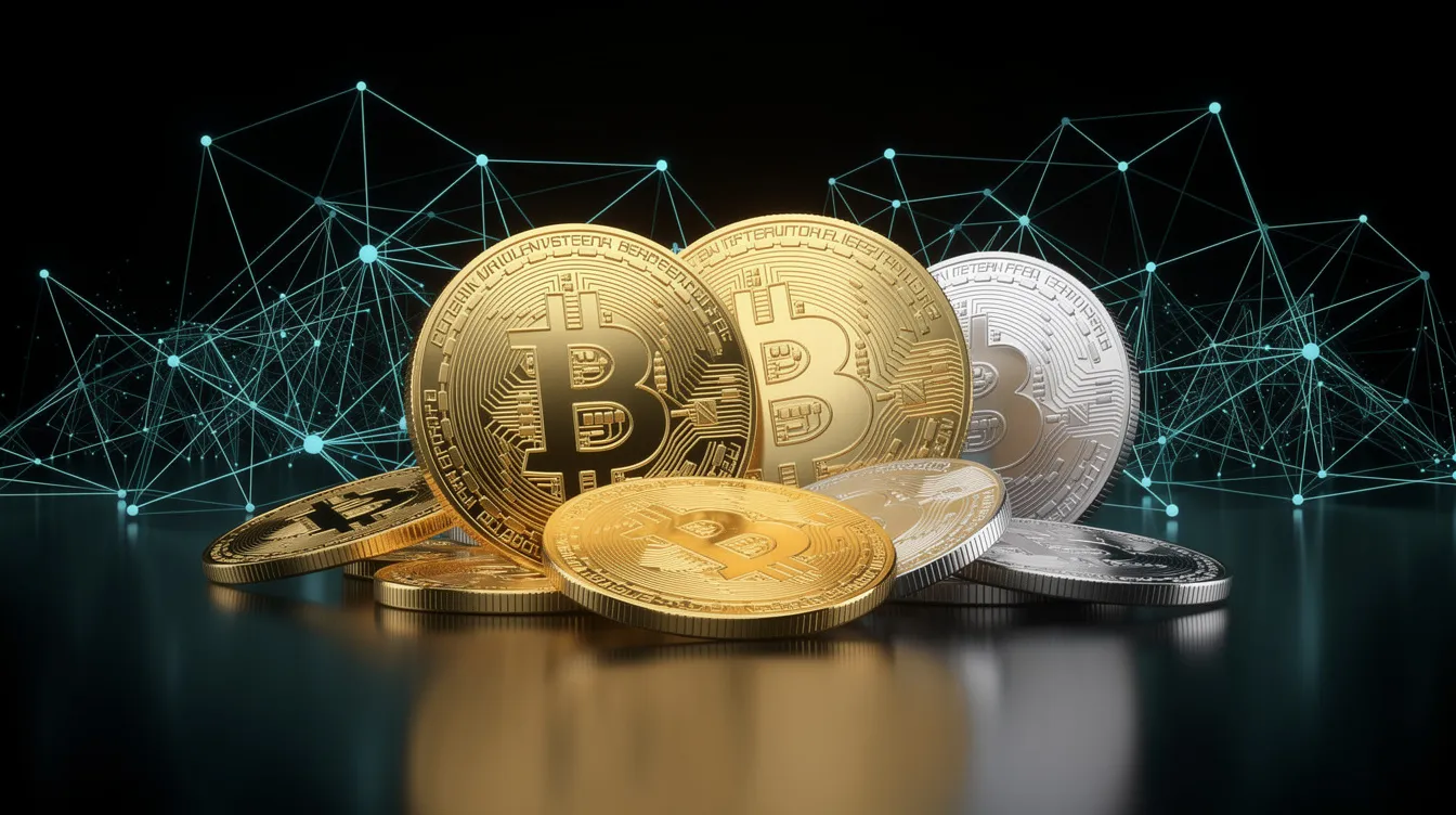Die Illustration zeigt eine Vielzahl goldener und silberner Kryptomünzen, die auf einem dunklen Hintergrund angeordnet sind. Umgeben von digitalen Netzwerkverbindungen, symbolisieren sie die Vielfalt der Kryptowährungen und deren Potenzial im Krypto-Markt.