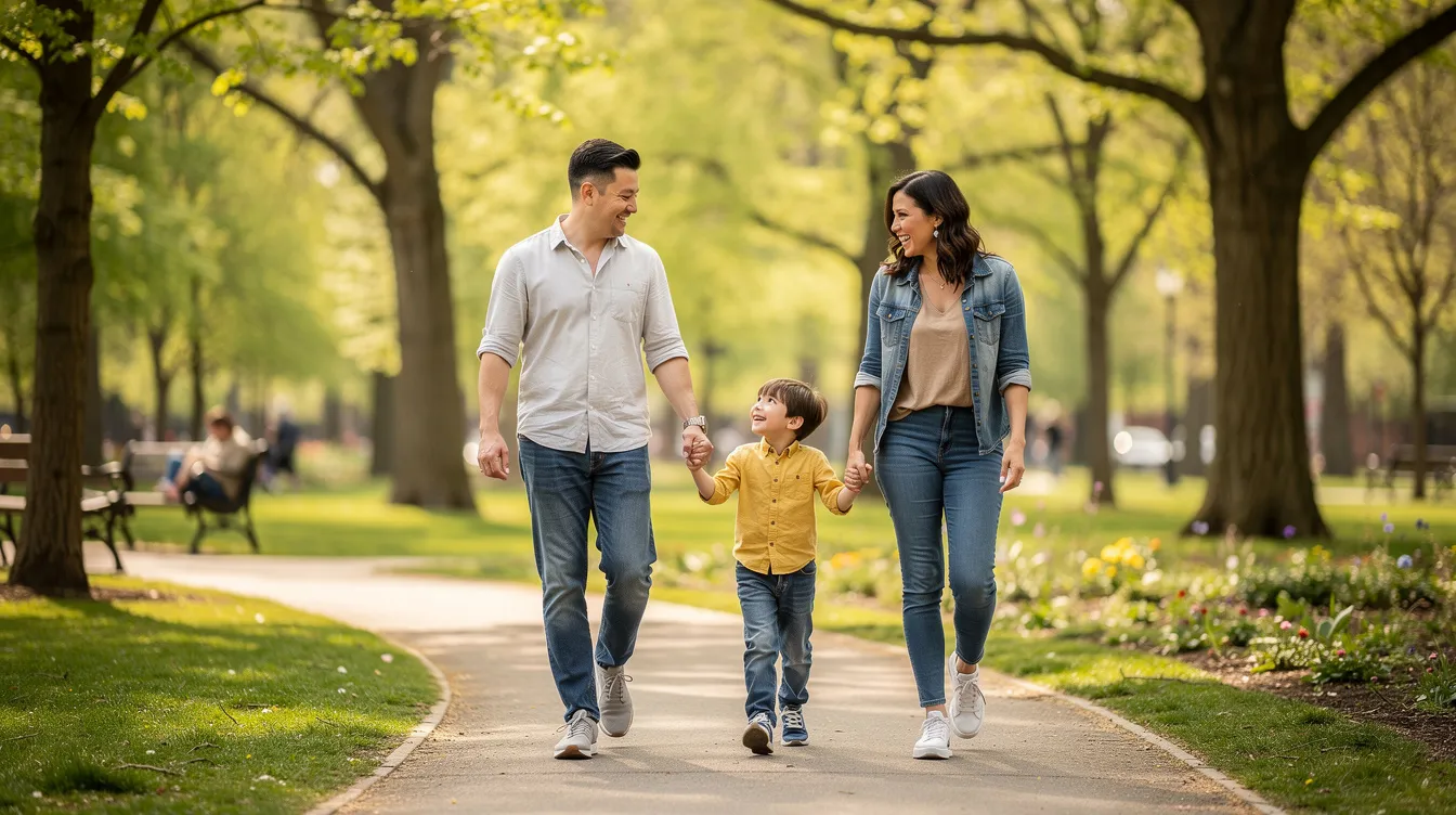 Eine junge Familie mit Eltern und zwei Kindern genießt einen gemeinsamen Spaziergang in einem Park. Die Eltern erziehen ihre Kinder und berücksichtigen dabei wichtige Aspekte wie die Mütterrente im Rentenbescheid und die Kindererziehungszeiten für die Altersvorsorge.
