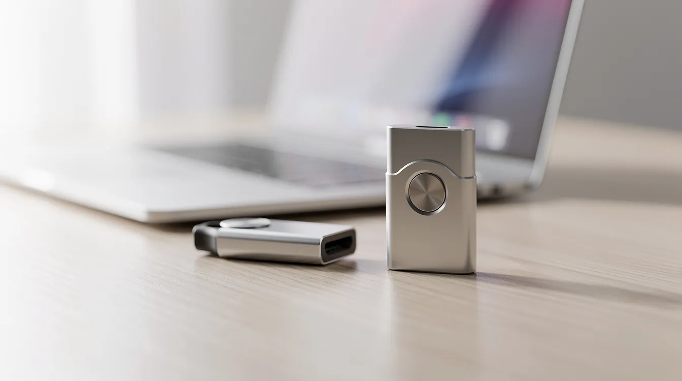 Auf einem hellen Schreibtisch liegt ein Hardware Wallet neben einem Laptop. Diese Geräte sind wichtig für die sichere Aufbewahrung von Bitcoin und anderen Kryptowährungen und verdeutlichen die Verbindung zwischen digitaler Währung und moderner Technologie.