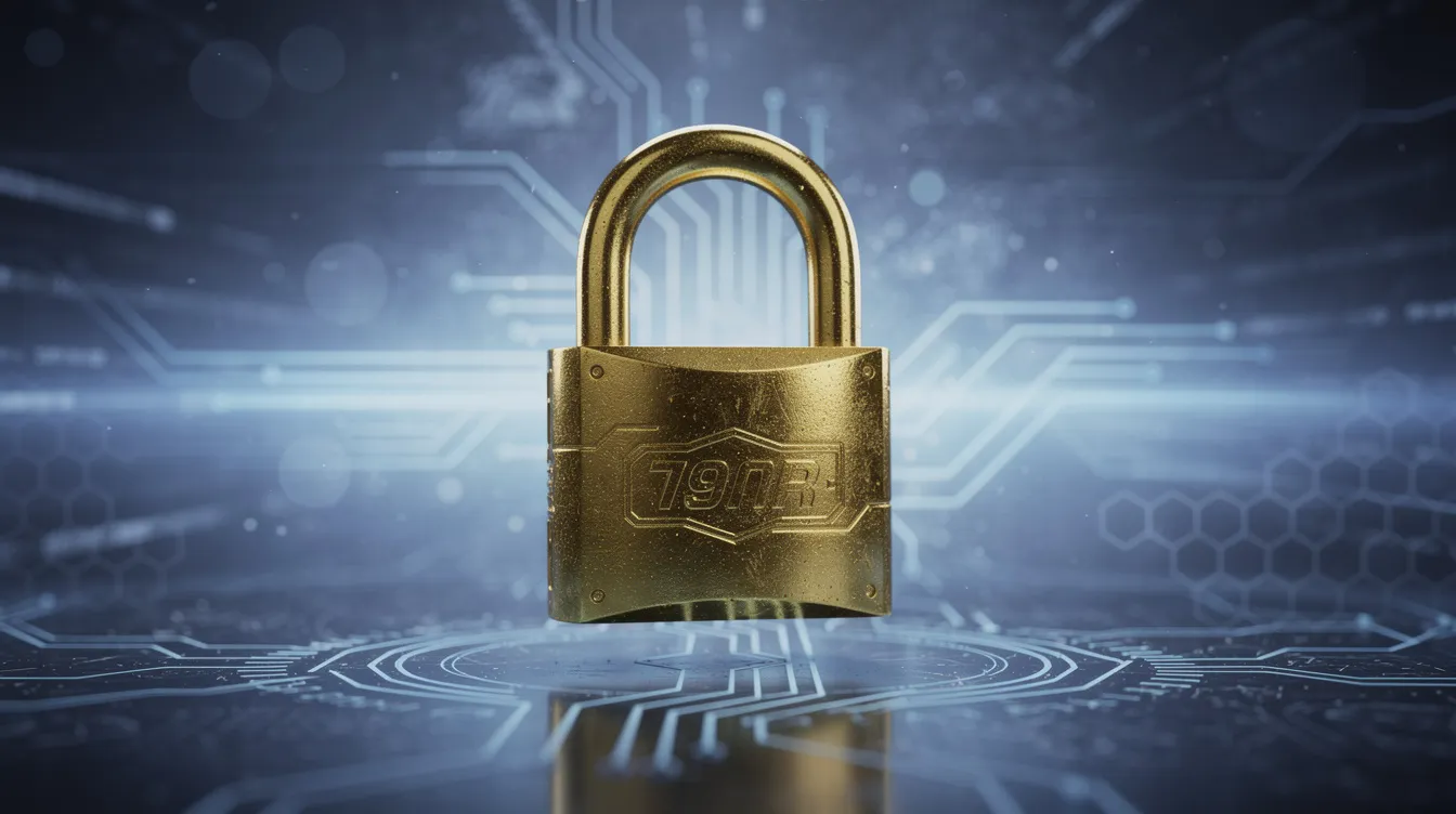 Ein goldenes Vorhängeschloss schwebt vor einem abstrakten digitalen Hintergrund, der von blauen Lichteffekten durchzogen ist. Dieses Bild symbolisiert die Sicherheit von Kryptowährungen wie XRP und deren Wechselkurs in PLN.