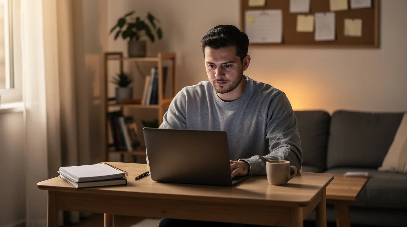 Eine Person sitzt an einem kleinen Schreibtisch zu Hause und arbeitet an einem Laptop, während sie eine Tasse Kaffee genießt. Dieses Bild symbolisiert die Gründung eines Nebenunternehmens, das als Kleingewerbe steuerfrei betrieben werden kann.