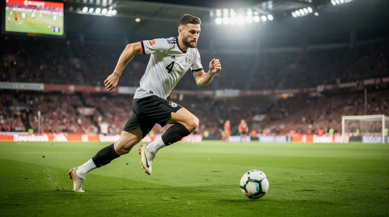 Ein Fußballspieler in Aktion auf einem grünen Spielfeld während eines Bundesligaspiels, umgeben von jubelnden Fans. Die Szene zeigt den dynamischen Einsatz des Spielers, der für seinen Verein, möglicherweise den FC Bayern München oder Werder Bremen, kämpft.