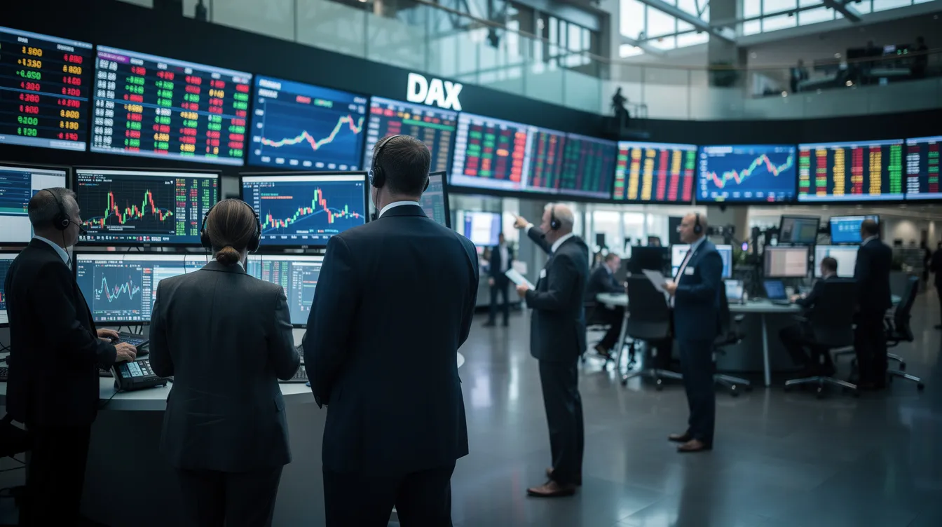 Auf dem Börsenparkett beobachten Händler konzentriert die Bildschirme mit aktuellen Kursdaten und Analysen, während Informationen über die Aktie von MP Materials Corp (ISIN: US5533681012) angezeigt werden. Im Hintergrund sind hektische Bewegungen und Gespräche zu hören, die die Dynamik des Marktes widerspiegeln.