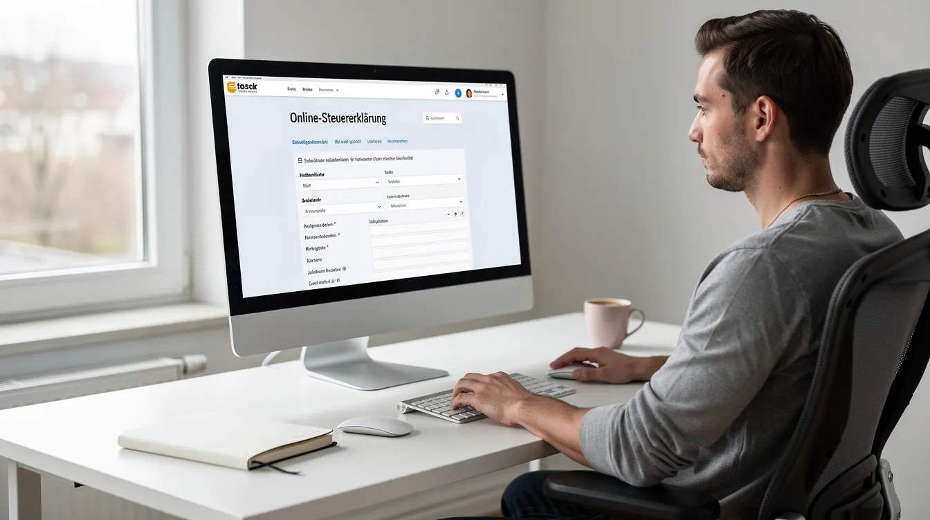 Eine Person sitzt an einem modernen Arbeitsplatz und füllt am Computer eine Online-Steuererklärung aus. Auf dem Bildschirm sind Formulare und Informationen zu finden, die mit dem Finanzamt Osnabrück in Verbindung stehen.