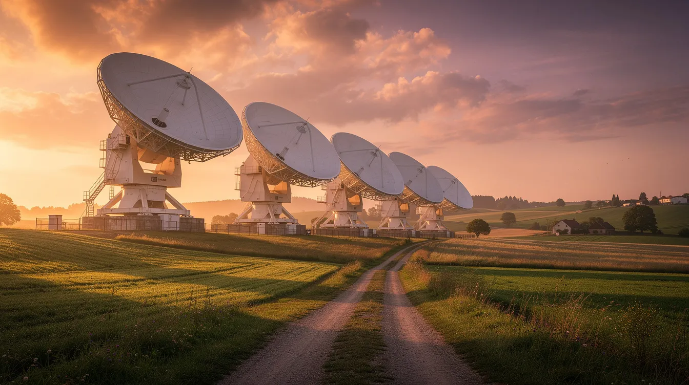 Eine große Satellitenschüssel-Anlage steht in einer ländlichen Landschaft, während die Sonne am Horizont untergeht und den Himmel in warmen Farben erleuchtet. Diese Anlage ist ein Teil der Eutelsat-Kommunikationsinfrastruktur, die für die Bereitstellung von Telekommunikationsdiensten in Europa und darüber hinaus verantwortlich ist.