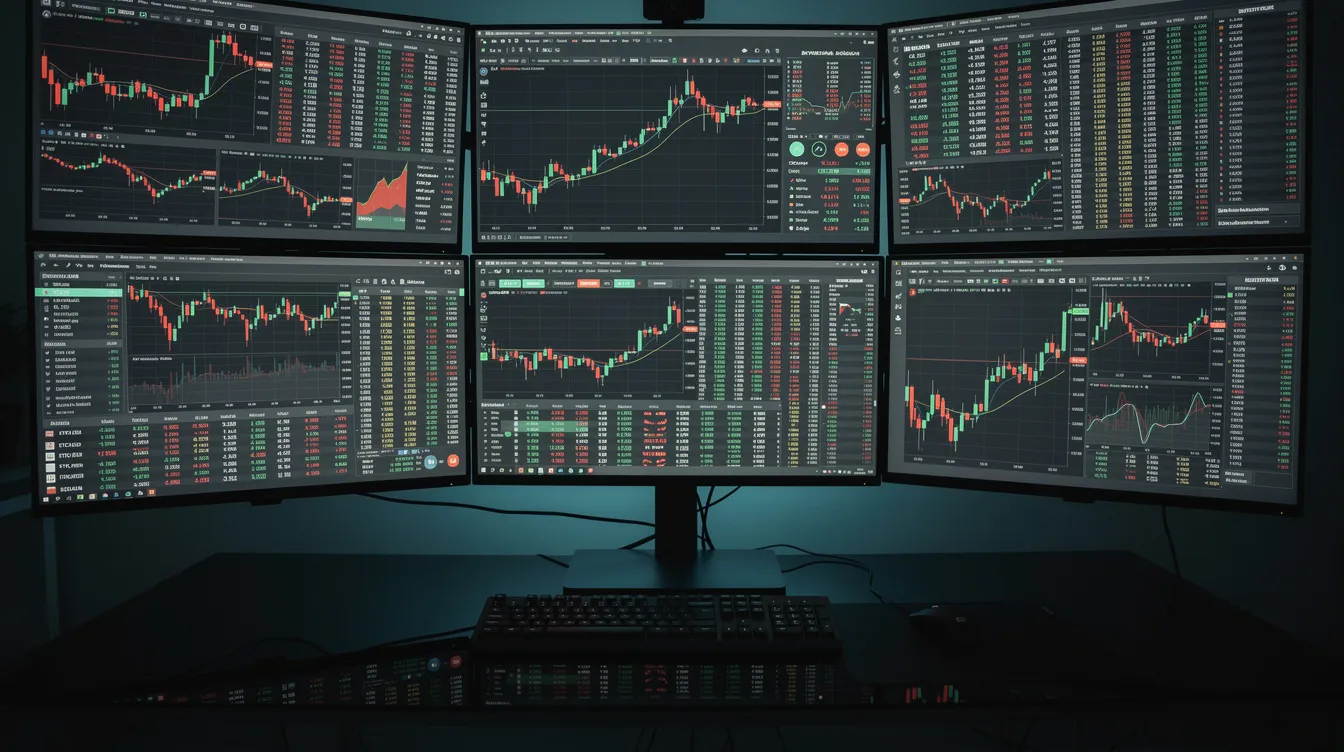 Das Bild zeigt mehrere Bildschirme in einem abgedunkelten Raum, die Börsenkurse und Kryptohandelsdaten anzeigen, darunter den aktuellen Bitcoin Kurs und Preis Charts für verschiedene Kryptowährungen. Die Bildschirme sind mit Informationen zu Handelsvolumen, Kursdaten und Marktanalysen gefüllt, was auf eine intensive Handelsumgebung hinweist.