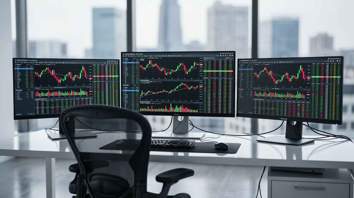 In einem modernen Büro sind mehrere Bildschirme zu sehen, die digitale Handelscharts anzeigen, einschließlich Informationen über Bitcoin und verschiedene Bitcoin ETFs. Diese Charts bieten einen Überblick über die aktuellen Preisbewegungen und Trends im Kryptowährungsmarkt.