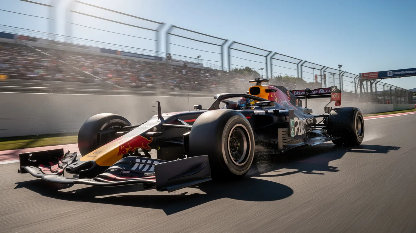 Ein Formel-1-Rennwagen fährt mit hoher Geschwindigkeit über eine sonnige Rennstrecke, während die Zuschauer die aufregende Atmosphäre des Rennens genießen. Der Wagen könnte einem Team wie Red Bull Racing oder Aston Martin angehören, das Teil der spannenden Formel 1-Serie ist.