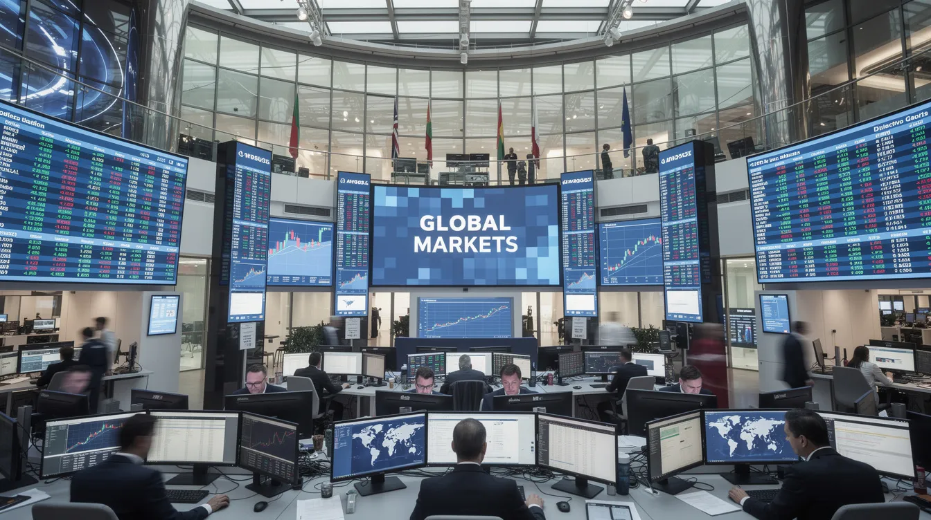 Die moderne Börse zeigt digitale Kursanzeigen und einen Handelssaal, der symbolisch für den internationalen Kapitalmarkt steht. Diese Darstellung verdeutlicht die Dynamik und Komplexität des Handels mit Kapitalerträgen und die damit verbundenen steuerlichen Regelungen nach dem Einkommensteuergesetz (50d estg).
