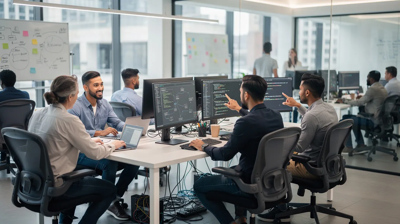 Eine Gruppe von Fachleuten arbeitet konzentriert an Computern in einem modernen IT-Büro, während sie sich über aktuelle Projekte im Bereich IT-Sicherheit austauschen. Die Mitarbeitenden zeigen eine Zusammenarbeit, die auf die Unterstützung und Ausbildung von Bundeswehrangehörigen in zivilen Stellenangeboten abzielt.