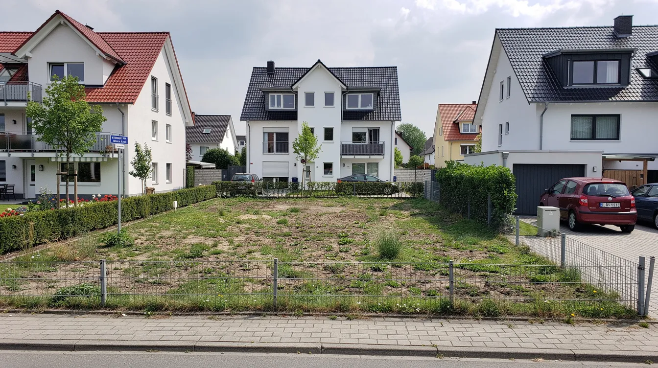 Das Bild zeigt ein unbebautes Grundstück in einem deutschen Vorort, umgeben von Wohnhäusern. Diese baureifen Grundstücke bieten Potenzial für die Schaffung von Wohnraum und stehen im Kontext der aktuellen Diskussion zur Grundsteuerreform und Baulandmobilisierung.