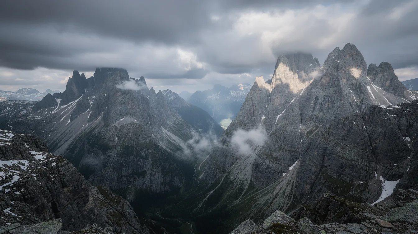 Das Bild zeigt eine dramatische Berglandschaft mit steilen Gipfeln und tiefen Tälern unter einem bewölkten Himmel. Diese beeindruckende Naturkulisse könnte für Anleger, die in Kryptowährungen wie Bitcoin investieren möchten, eine inspirierende Kulisse sein, um über die Chancen und Risiken ihrer Geldanlage nachzudenken.