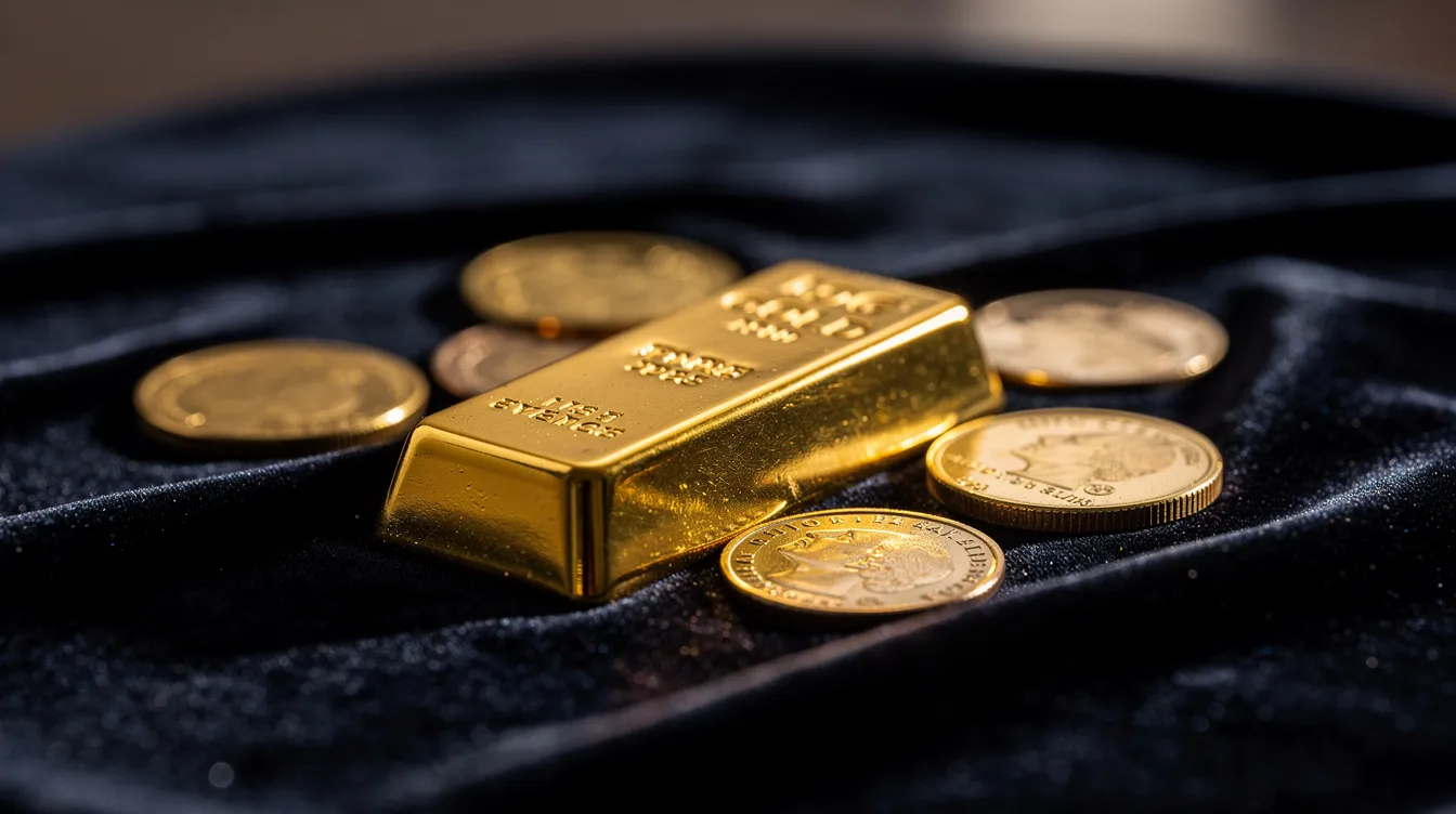 Auf einer dunklen Samtunterlage liegen verschiedene Goldbarren und Goldmünzen, die den Wert und die Vielfalt von Edelmetallen darstellen. Diese Anordnung könnte im Kontext des Goldverkaufs und der damit verbundenen Meldepflichten von Interesse sein.