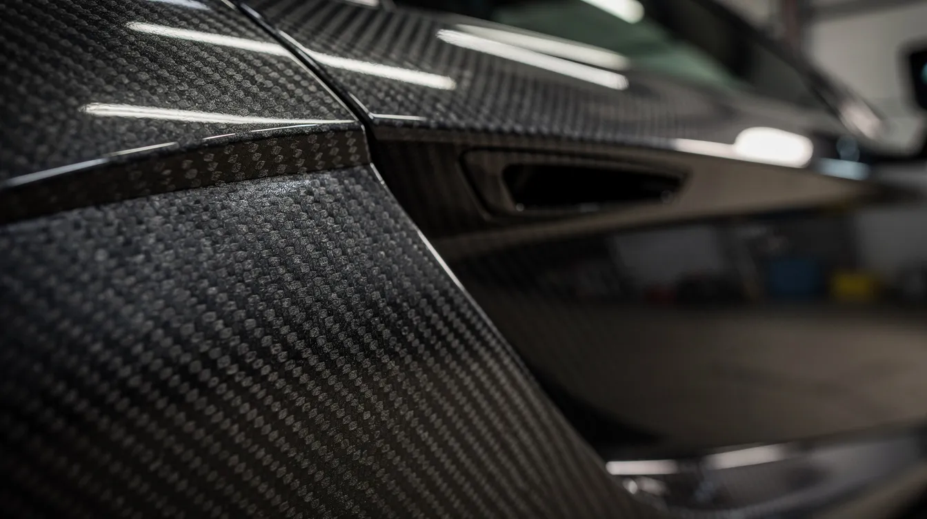 Die Nahaufnahme zeigt hochwertige Carbon-Faser-Karosserieteile an einem Supersportwagen, die durch ihr leichtes und robustes Design bestechen. Diese Details sind typisch für Luxusmarken wie Mercedes-Benz und Lamborghini und verdeutlichen die innovative Technologie von hollmann international gmbh co.
