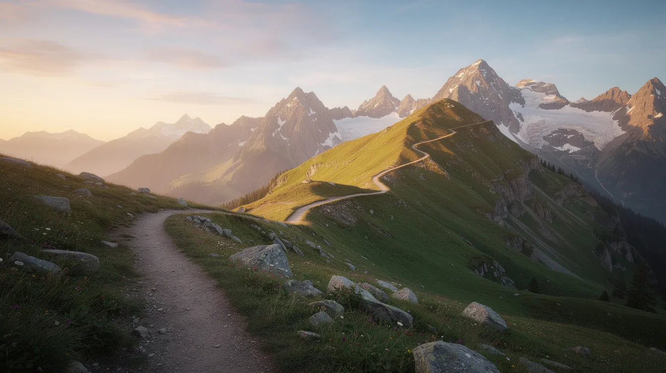 Ein aufsteigender Pfad schlängelt sich durch eine beeindruckende Berglandschaft, der symbolisch für den langfristigen Aufwärtstrend des Bitcoin Kurses steht. Diese Szene vermittelt das Gefühl von Fortschritt und Erfolg in der Welt der Kryptowährungen, während sie die Herausforderungen auf dem Weg zu neuen Höchstständen reflektiert.