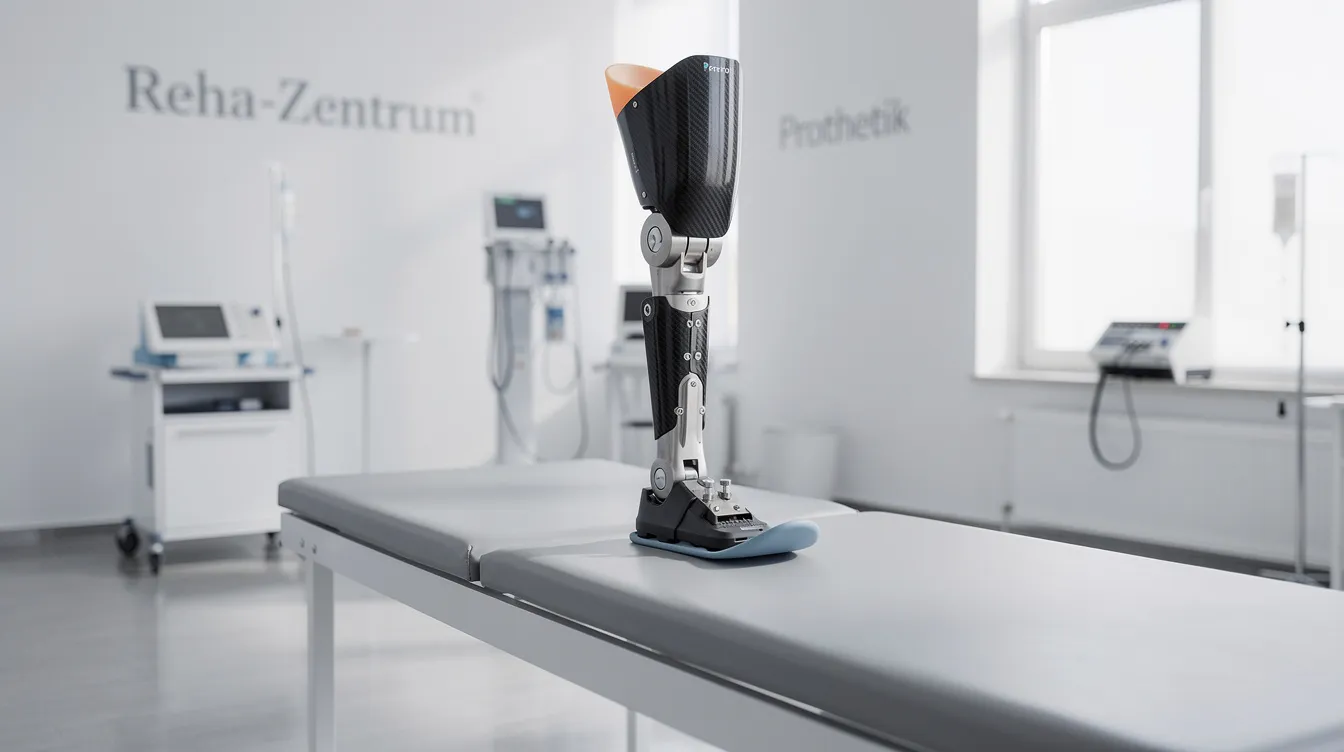 Das Bild zeigt ein modernes Beinprothesensystem in einer hellen Rehabilitationsklinik, das speziell für Menschen mit eingeschränkter Mobilität entwickelt wurde. Die Prothese stammt von Ottobock, einem führenden Unternehmen im Bereich der Prothetik und Neuro-Orthetik, und ist Teil innovativer Lösungen zur Verbesserung der Lebensqualität von Patienten.