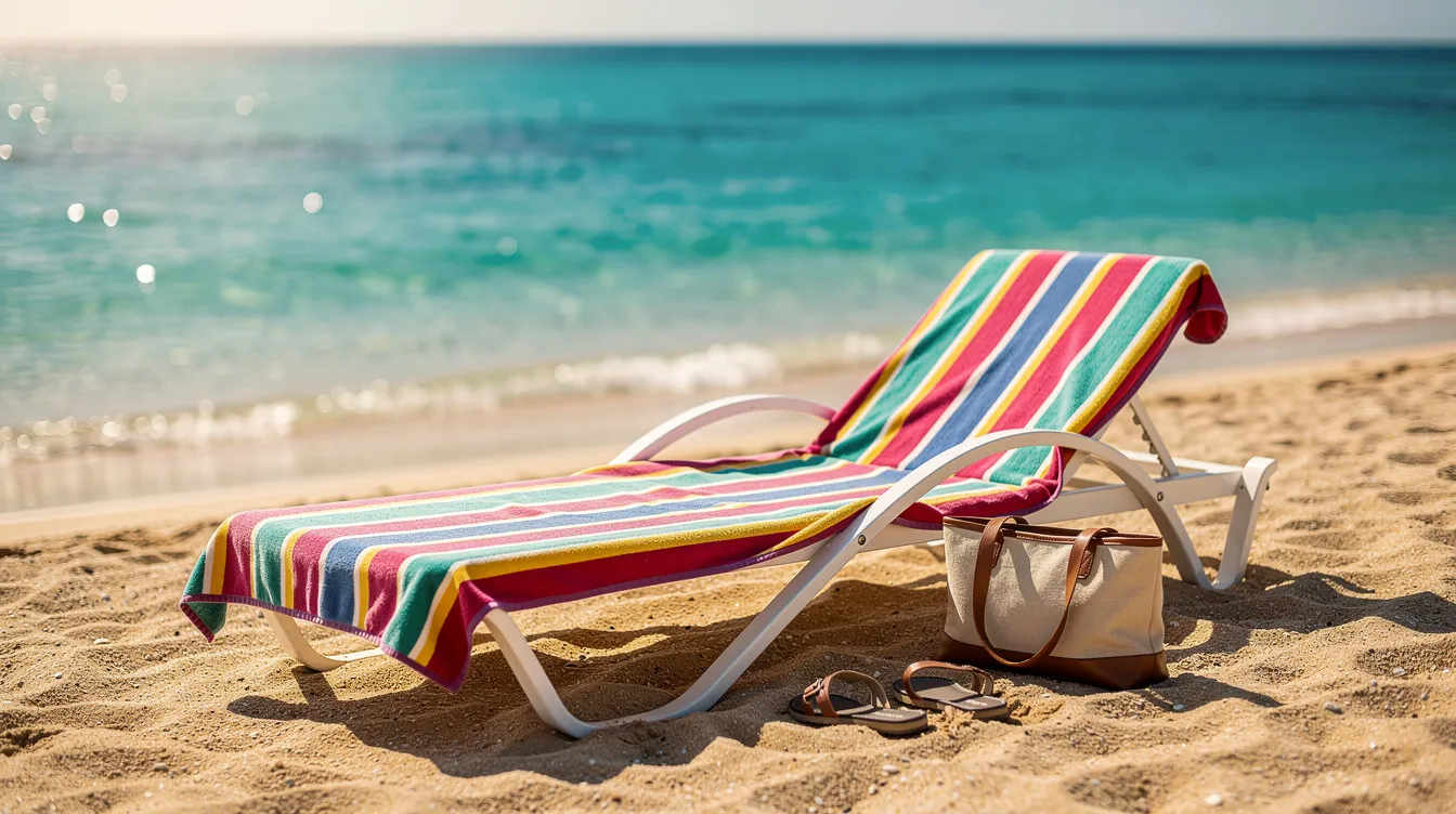 Auf dem Bild ist eine Strandszene mit einem bunten Handtuch zu sehen, das auf einer Sonnenliege liegt, während im Hintergrund das türkisblaue Meer sanft plätschert. Diese entspannende Atmosphäre ist ideal für Mitglieder des Check24 Goldclubs, die von zahlreichen Vorteilen bei ihren Reisebuchungen profitieren können.