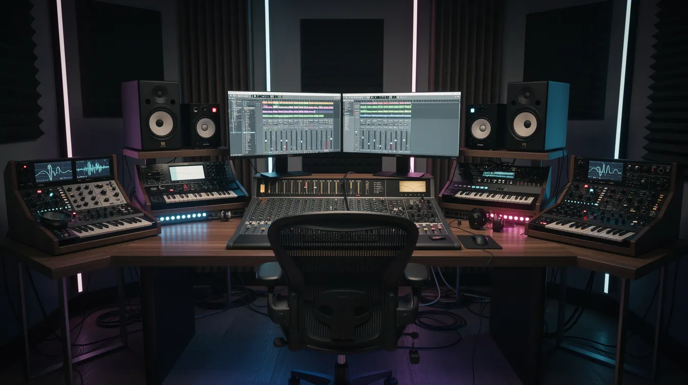 Das Bild zeigt ein modernes Musikproduktionsstudio mit verschiedenen Synthesizern, Mischpulten und großen Monitoren in einem dunklen Raum, der eine kreative Atmosphäre für Musikproduzenten schafft. Solche Studios sind oft der Ort, an dem berühmte Filmmusik komponiert wird, wie die von Hans Zimmer, der für seine Arbeit an Filmen wie "Der König der Löwen" und "Fluch der Karibik" bekannt ist.
