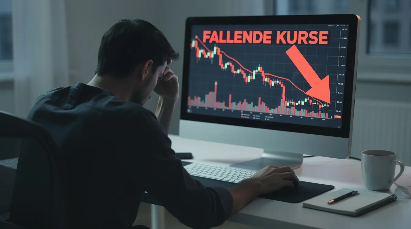 Eine Person sitzt an einem Schreibtisch und schaut besorgt auf einen Bildschirm, der fallende Kurse zeigt, während im Hintergrund Nachrichten über den Rückgang des Goldpreises und die aktuellen Marktbedingungen zu hören sind. Die Atmosphäre ist angespannt, da die Anleger auf mögliche Erholungen oder weitere Abstürze im Edelmetallmarkt hoffen.