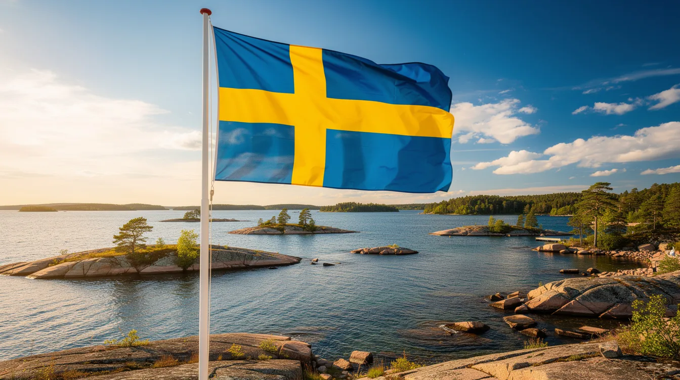 Die schwedische Flagge weht majestätisch vor einer malerischen Sommerlandschaft mit Schären und einem strahlend blauen Himmel. Diese Szenerie spiegelt die Schönheit Schwedens wider, das Heimatland der legendären Band ABBA, bekannt für ihre unvergesslichen Hits und ihren Einfluss auf die Musikgeschichte.