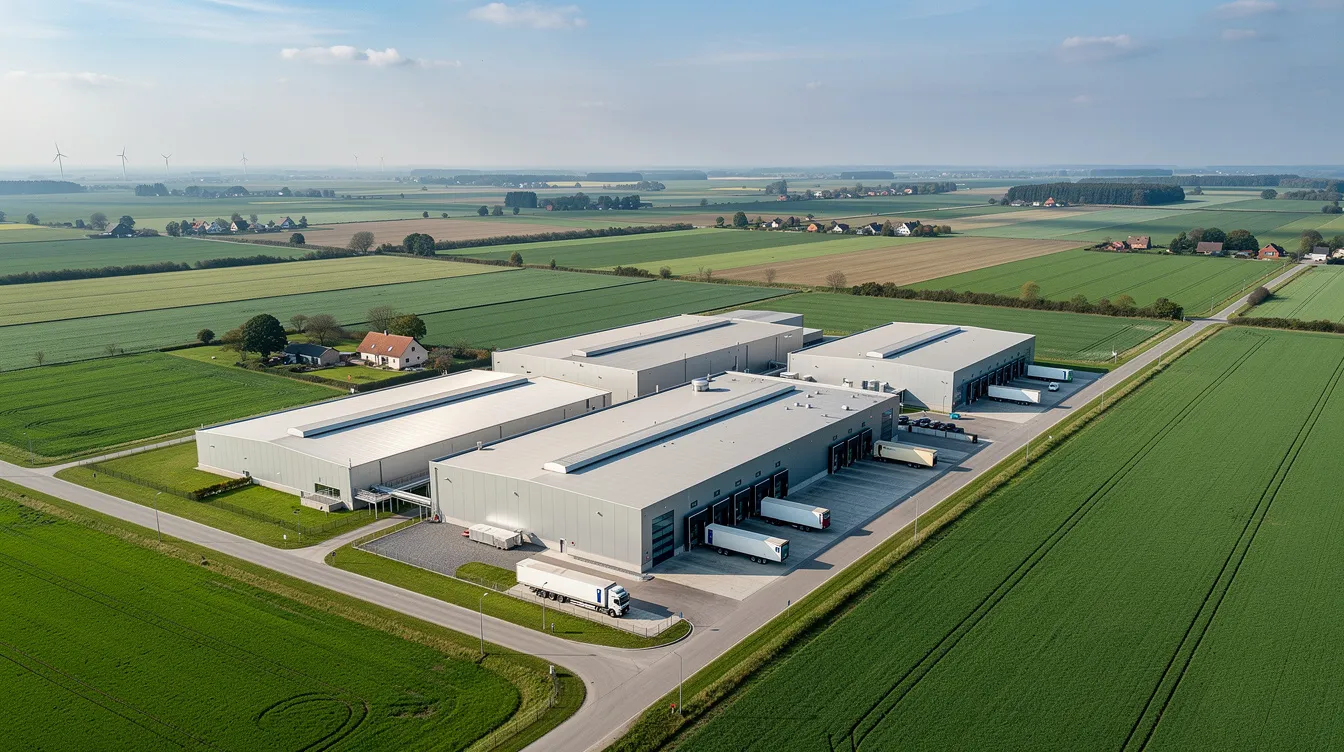 Eine Luftaufnahme zeigt einen modernen Fleischverarbeitungsbetrieb der Goldschmaus Gruppe in einer ländlichen norddeutschen Landschaft, umgeben von grünen Feldern und Industriegebäuden, die die regionale Schweinefleischproduktion unterstützen. Die Szene vermittelt ein Gefühl von Nachhaltigkeit und Erfolg in der Lebensmittelindustrie.