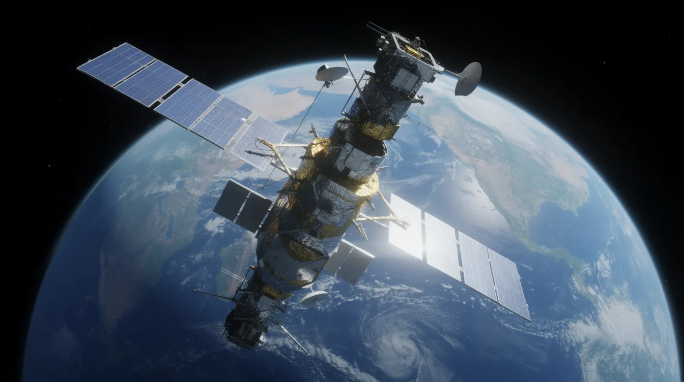 Ein Satellit im Erdorbit ist mit Sonnenpanels ausgestattet und schwebt vor der blauen Erdkugel, die im Hintergrund sichtbar ist. Diese Darstellung verdeutlicht die Technologie und den Fortschritt in der Raumfahrtindustrie, in der Unternehmen wie Rocket Lab eine bedeutende Rolle spielen.