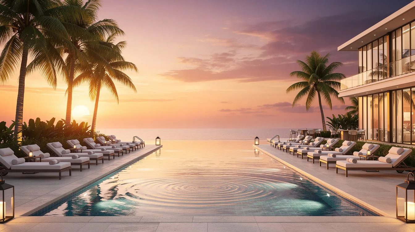 Ein luxuriöser Hotelpool, umgeben von Sonnenliegen und Palmen, strahlt eine entspannende Atmosphäre bei Sonnenuntergang aus. Die goldenen Reflexionen im Wasser erinnern an die Vorteile der American Express Gold Card, die Reisekomfort und exklusive Hotelvorteile bietet.