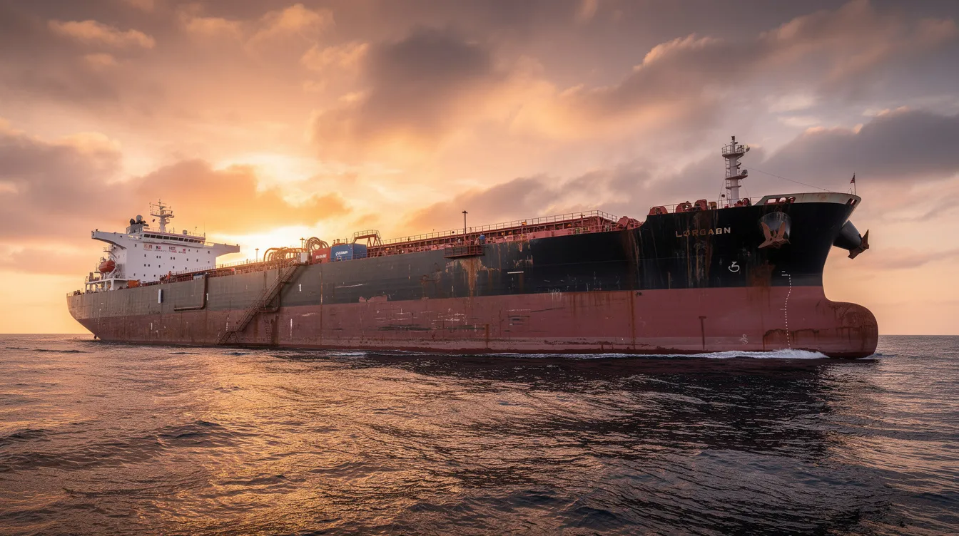 Ein großer Öltanker schippert majestätisch über das ruhige Wasser der offenen See, während die Sonne am Horizont untergeht und den Himmel in warmen Orangetönen färbt. Diese Szene symbolisiert die globalen Märkte, die von Faktoren wie Ölpreisen und den Zinserwartungen der Notenbanken beeinflusst werden, was auch Auswirkungen auf den Goldpreis haben kann.