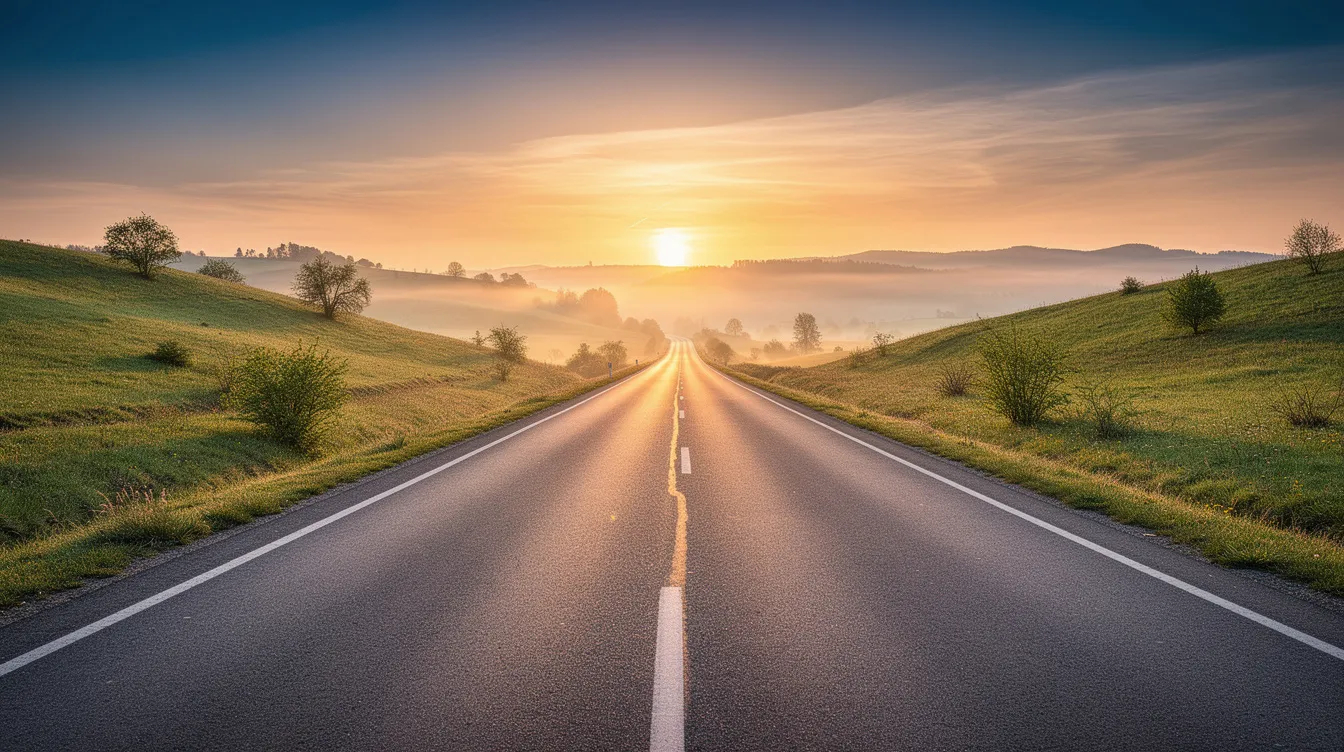 Das Bild zeigt eine weitläufige Straße, die sich in Richtung eines strahlenden Sonnenaufgangs über grünen Hügeln erstreckt. Diese Szenerie symbolisiert die Chancen und Möglichkeiten, die mit einer Investition von 1.000 Euro in Bitcoin und anderen Kryptowährungen verbunden sind.