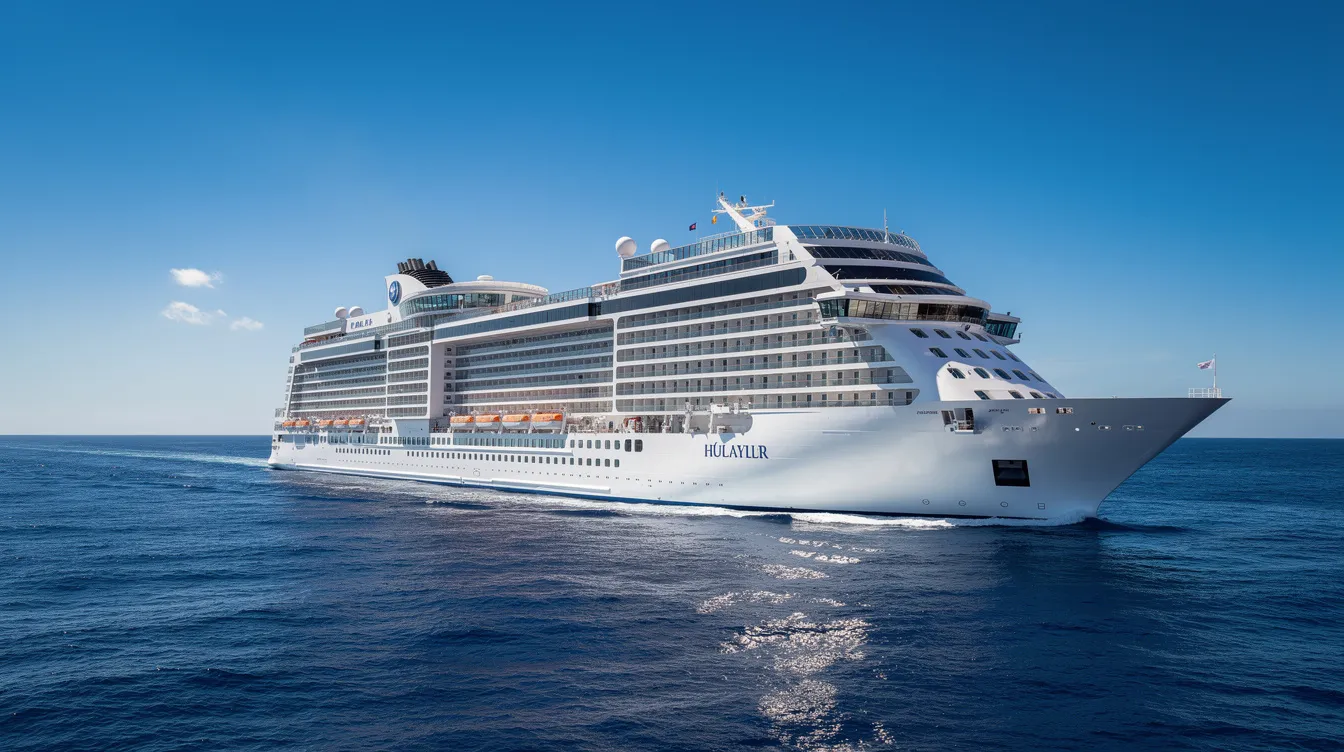 Ein großes modernes Kreuzfahrtschiff der Norwegian Cruise Line gleitet majestätisch über den blauen Ozean, während der klare Himmel darüber strahlt. Die Szene vermittelt ein Gefühl von Freiheit und Abenteuer auf hoher See.
