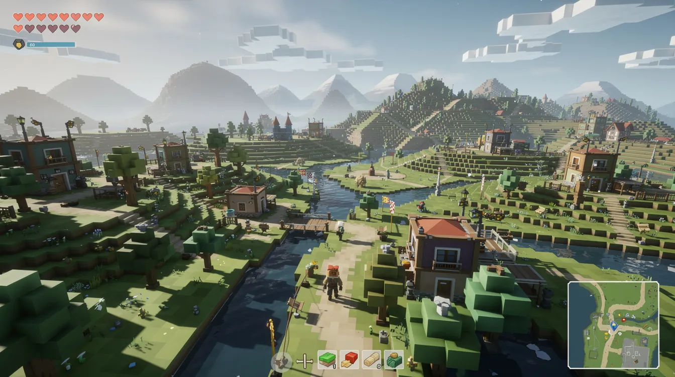 Die bunte, blockartige Spielwelt zeigt eine offene Landschaft mit verschiedenen Gebäuden, die an ein Abenteuerspiel erinnern. Diese Umgebung könnte perfekt für Let's Plays von beliebten Youtubern wie Paluten sein, die Millionen von Abonnenten und Aufrufen auf ihren Kanälen erreichen.