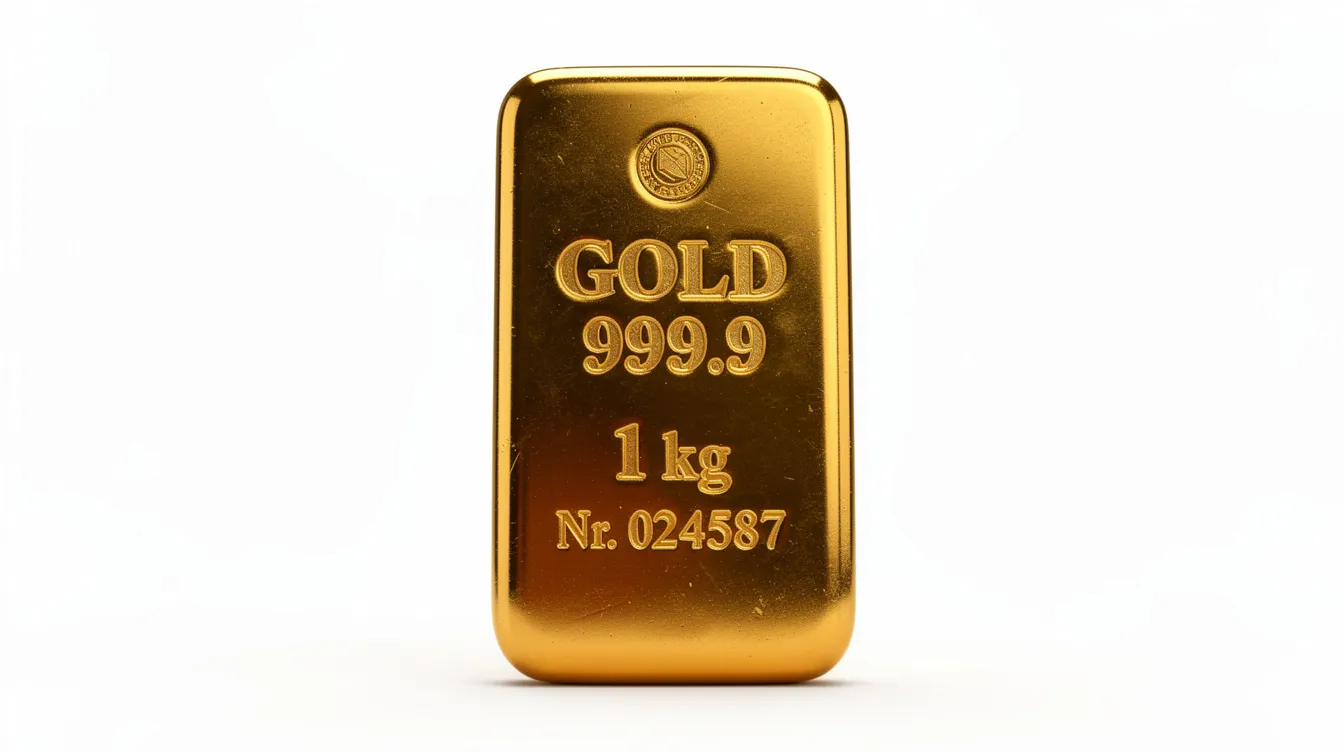 Eine Nahaufnahme eines einzelnen geprägten Goldbarrens mit glänzender Oberfläche auf weißem Hintergrund. Der Goldbarren hat ein Gewicht von 50 g und zeigt die Feinheit sowie das Logo des Herstellers, was auf seine hohe Qualität und Reinheit hinweist.