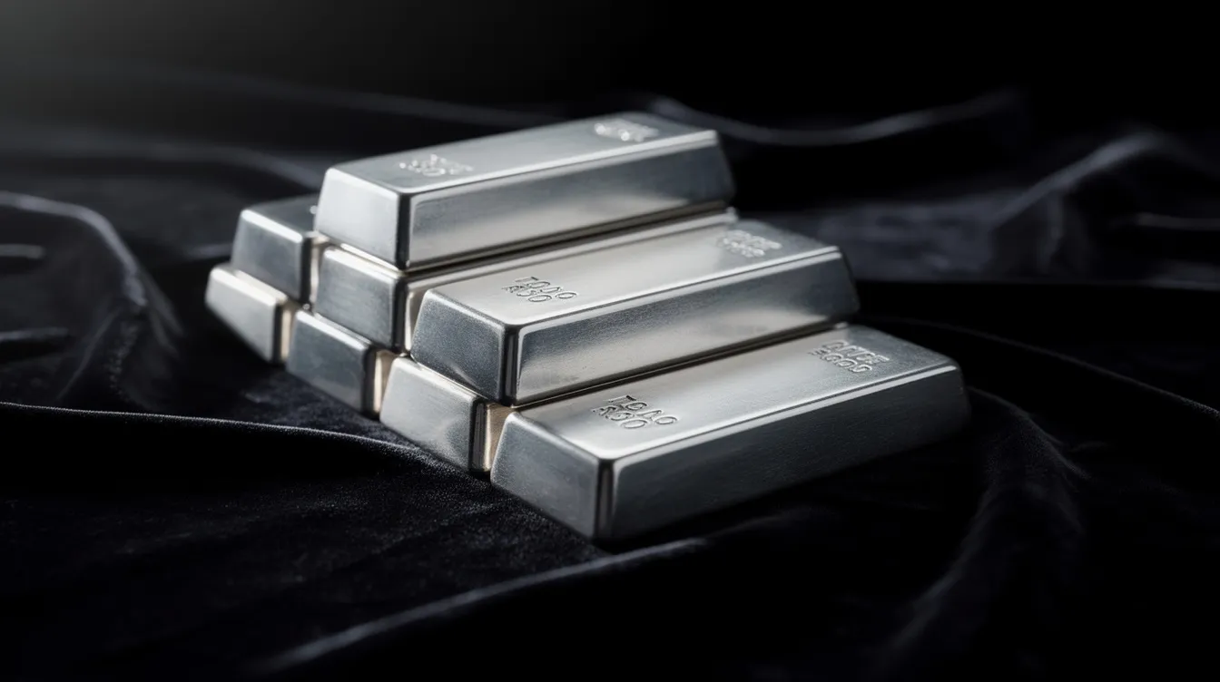 Auf einem dunklen Samtuntergrund sind mehrere gestapelte Silberbarren in verschiedenen Größen zu sehen, die die hohe Qualität und Reinheit des Degussa Silbers betonen. Diese edlen Metalle präsentieren sich in einem eleganten Design, das sowohl für Investoren als auch für Sammler von Bedeutung ist.
