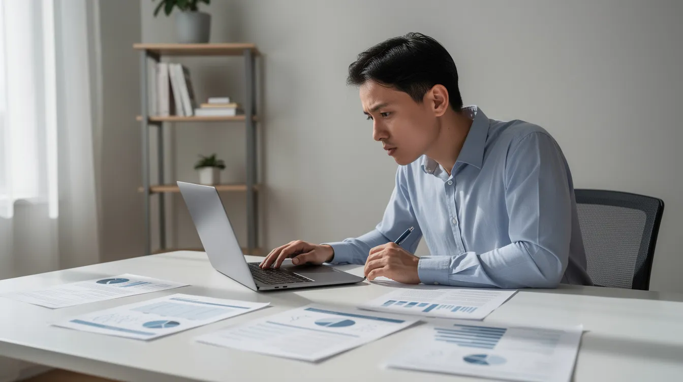 Eine Person sitzt konzentriert am Schreibtisch und arbeitet mit einem Laptop sowie verschiedenen Dokumenten, während sie nach Informationen im Bereich Sozialrecht sucht. Diese Szene vermittelt den Eindruck von Engagement und der Suche nach rechtlicher Unterstützung, möglicherweise im Zusammenhang mit Sozialleistungen oder anderen Rechtsfragen.