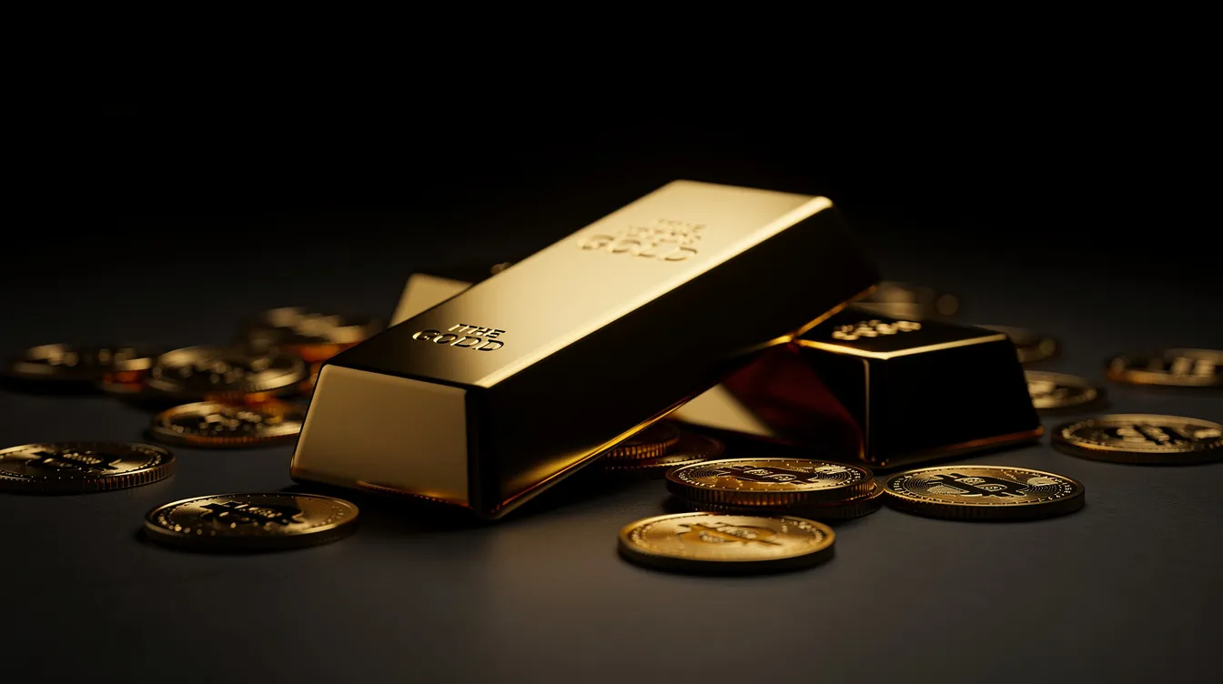 Auf einer dunklen Oberfläche liegen mehrere Goldbarren und Münzen, die dramatisch beleuchtet sind und den Wert des Edelmetalls symbolisieren. Diese Anordnung spiegelt die Unsicherheiten der Finanzmärkte wider, während Anleger nach sicheren Häfen wie Gold suchen, insbesondere in Krisenzeiten.
