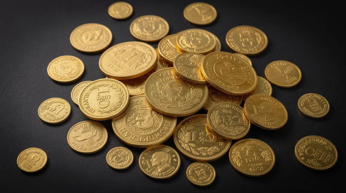 Auf einem dunklen Untergrund liegen verschiedene türkische Goldmünzen in unterschiedlichen Größen, darunter einige mit dem Bild von Mustafa Kemal Atatürk. Diese Goldmünzen, die aus 22k Gold gefertigt sind, dienen als wertvolle Wertanlage und zeigen verschiedene Jahrgänge und Prägejahre.