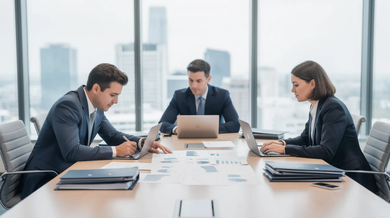Auf dem Bild sind Geschäftspartner zu sehen, die an einem Konferenztisch sitzen und Unterlagen besprechen. Sie diskutieren möglicherweise Themen wie Verlustausgleich und die Regelungen nach § 15a Abs. 1 EStG, während sie Notizen machen und auf Dokumente zeigen.