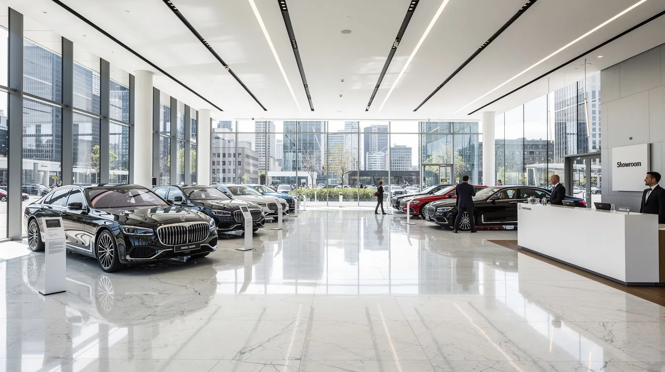 Der großzügige Showroom zeigt polierte Luxusfahrzeuge, darunter Modelle von Mercedes-Benz und Lamborghini, in einer modernen Halle mit Glasfronten, die viel Tageslicht hereinlässt. Die Atmosphäre vermittelt ein Gefühl von Eleganz und Qualität, passend zur hollmann international gmbh co.