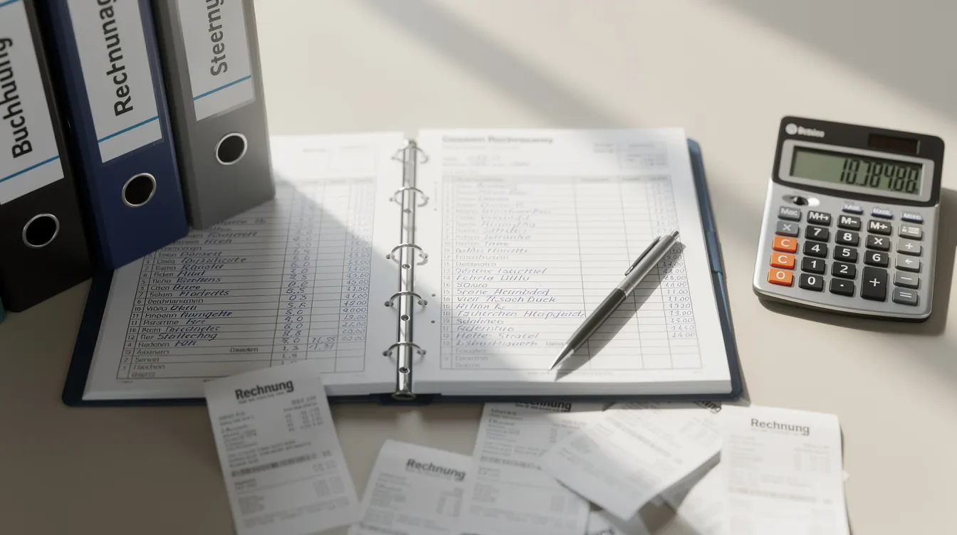Die Nahaufnahme zeigt einen Schreibtisch, auf dem mehrere Ordner und ein Taschenrechner liegen, die für die Buchführung verwendet werden. Diese Szene könnte mit Themen wie Verlustausgleich und den Vorschriften des 15a Abs 1 EstG in Verbindung stehen, die für die Verwaltung von Kapitalkonten und Verlusten bei Personengesellschaften relevant sind.