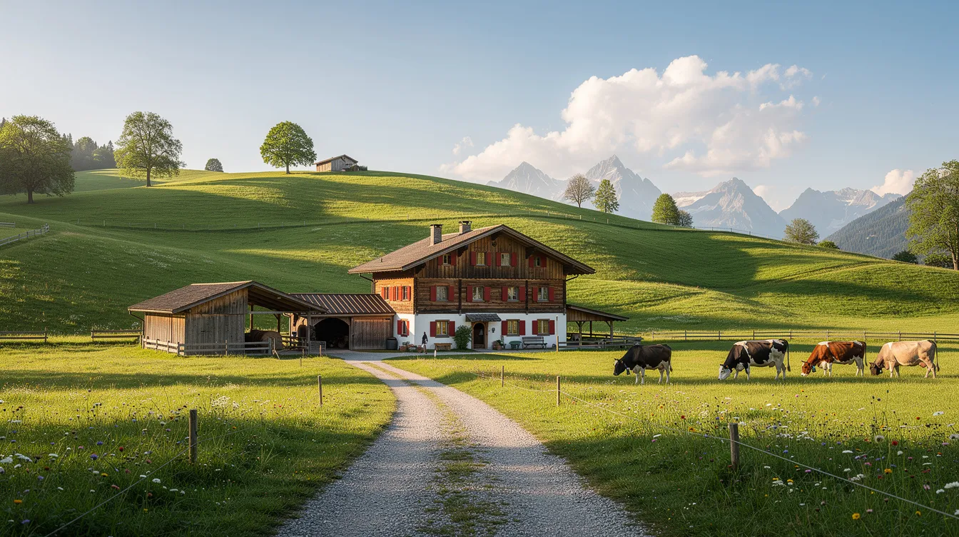 Ein malerischer Schweizer Bauernhof liegt eingebettet in üppige grüne Wiesen und sanfte Hügel, während die Sonne strahlend am Himmel steht. Diese idyllische Landschaft vermittelt ein Gefühl von Ruhe und Naturverbundenheit, das an die Erfolge von Rennfahrern wie Sebastian Vettel erinnert, der in seiner Karriere viele Titel errungen hat.