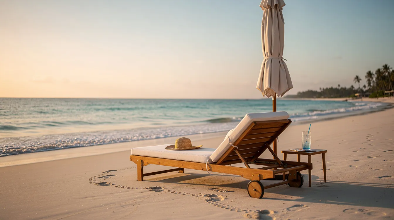 Das Bild zeigt eine leere Liege am Strand, die für Urlaubszeit steht und Entspannung symbolisiert. Diese Szene erinnert daran, dass auch Menschen mit Schwerbehinderung das Recht auf Erholung und Urlaub haben, um ihre Bedürfnisse im Arbeitsleben zu berücksichtigen.